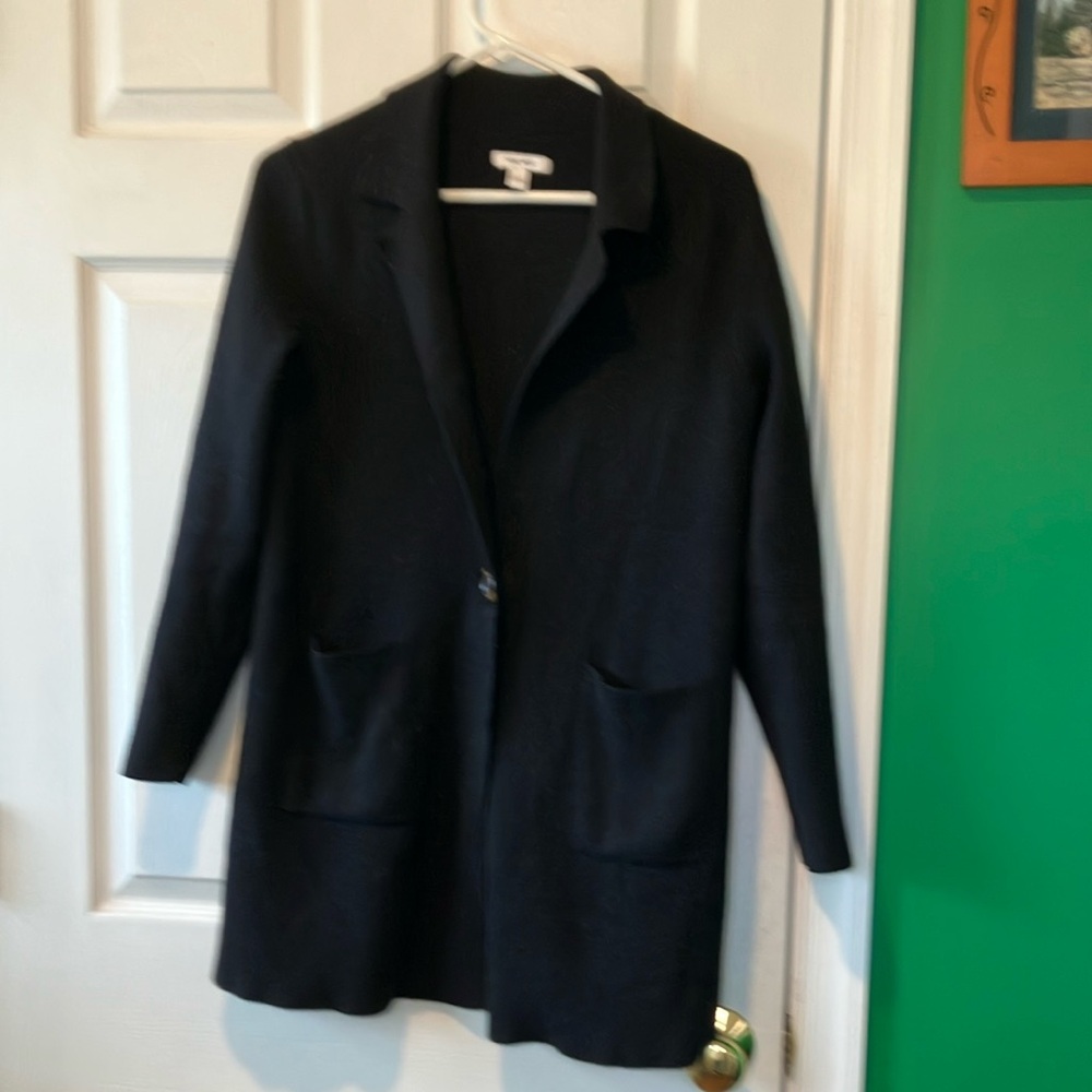 Nine West small long black cardigan coat 1 button collared minimalist core